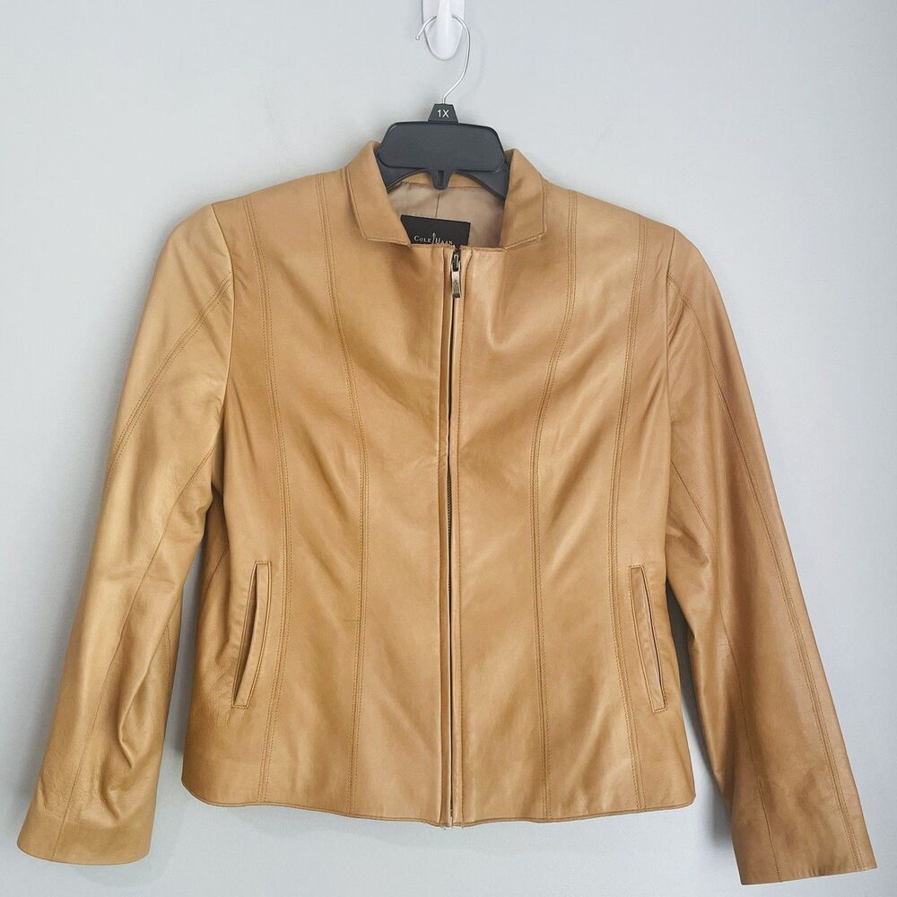 Cole Haan Lambskin Jacket Women's Size 10P Tan Supple Zip Up Lined Buttery Moto